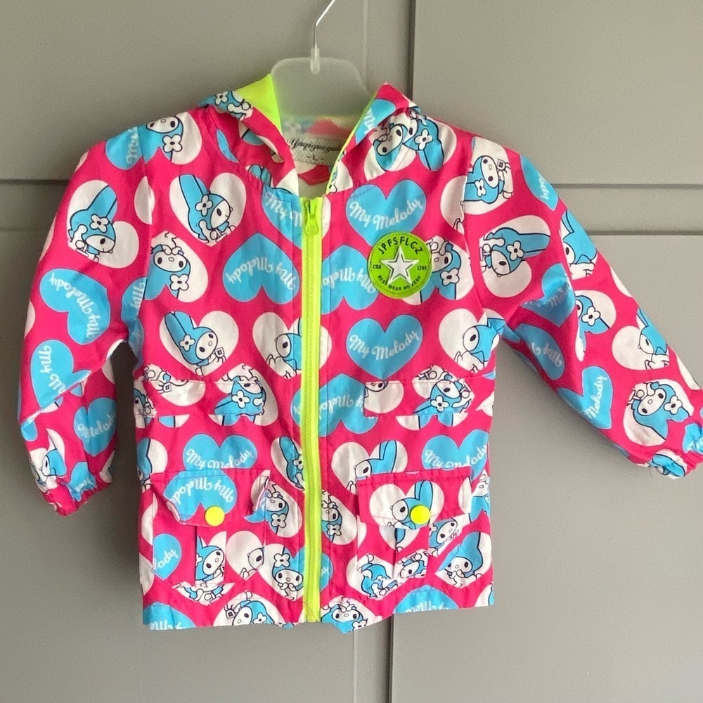 Cute Girls Size Large Zip Up Jacket With Pockets, Hood, And Cartoon Heart Design